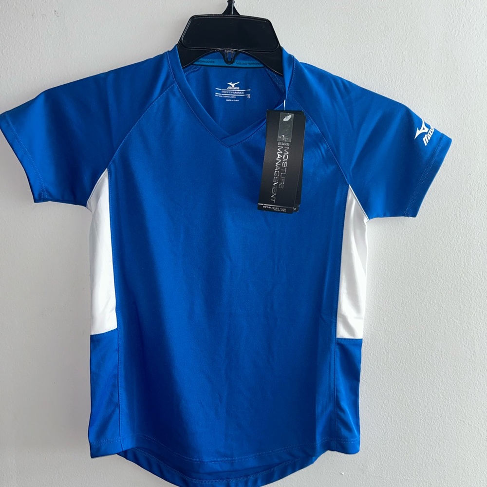 Mizuno Girls ' Blue White Performance Moisture Wicking V-Neck T-Shirt S